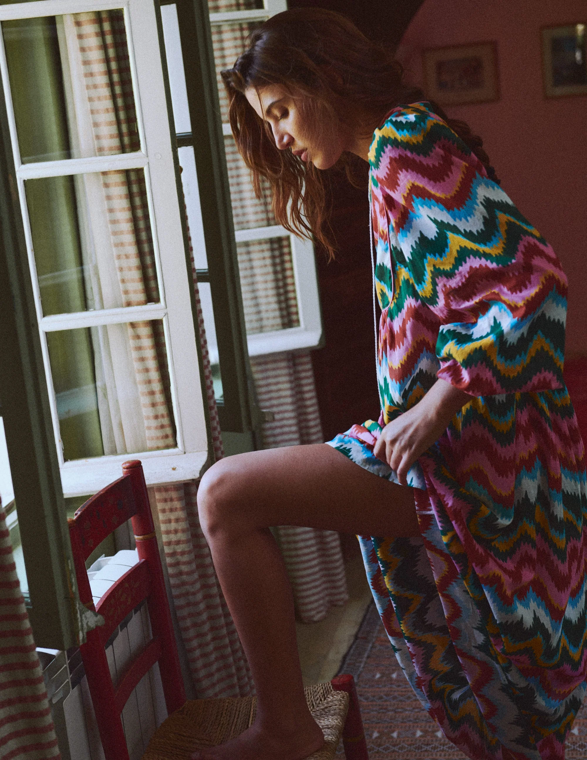 Boho Tie Neck Kaftan-Multi, Zig Zag Wave - Image 6